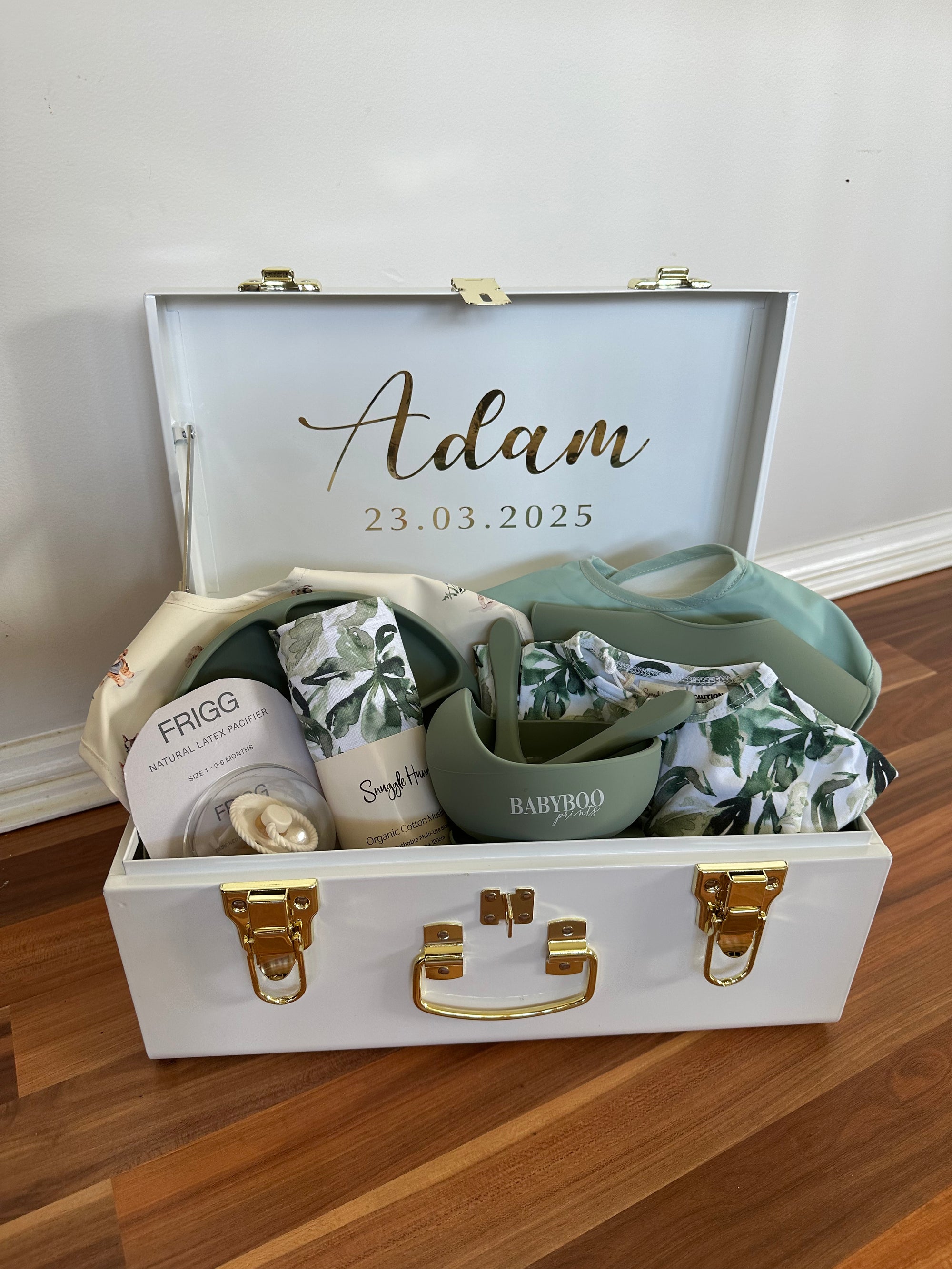 Personalised small size metal storage keepsake trunk box by BabyBoo Prints