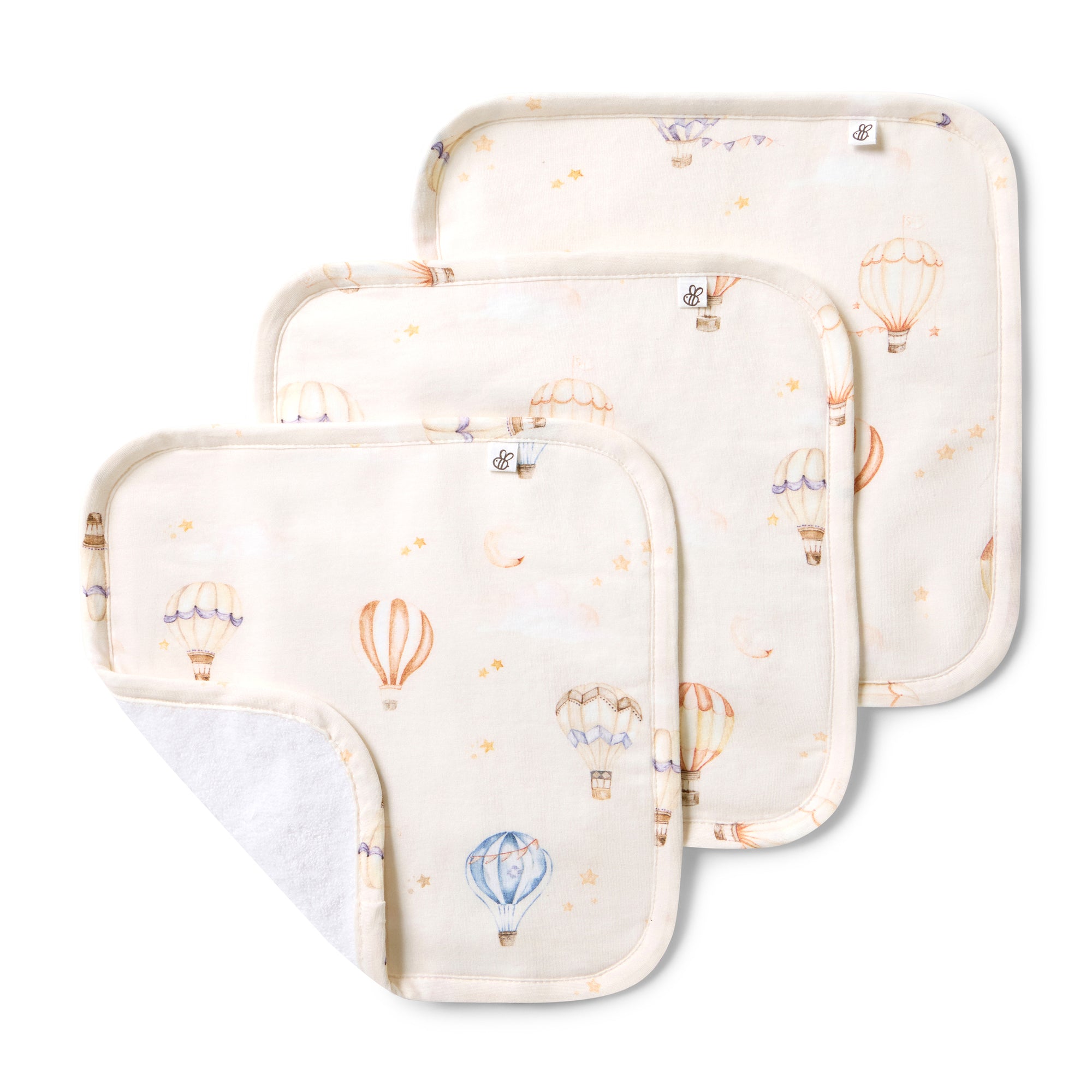 Soft organic cotton Up & Away wash cloths 3 pack featuring a charming hot air balloon print, perfect for baby bath time, feeding and everyday use. Gentle, breathable and absorbent for delicate newborn skin.