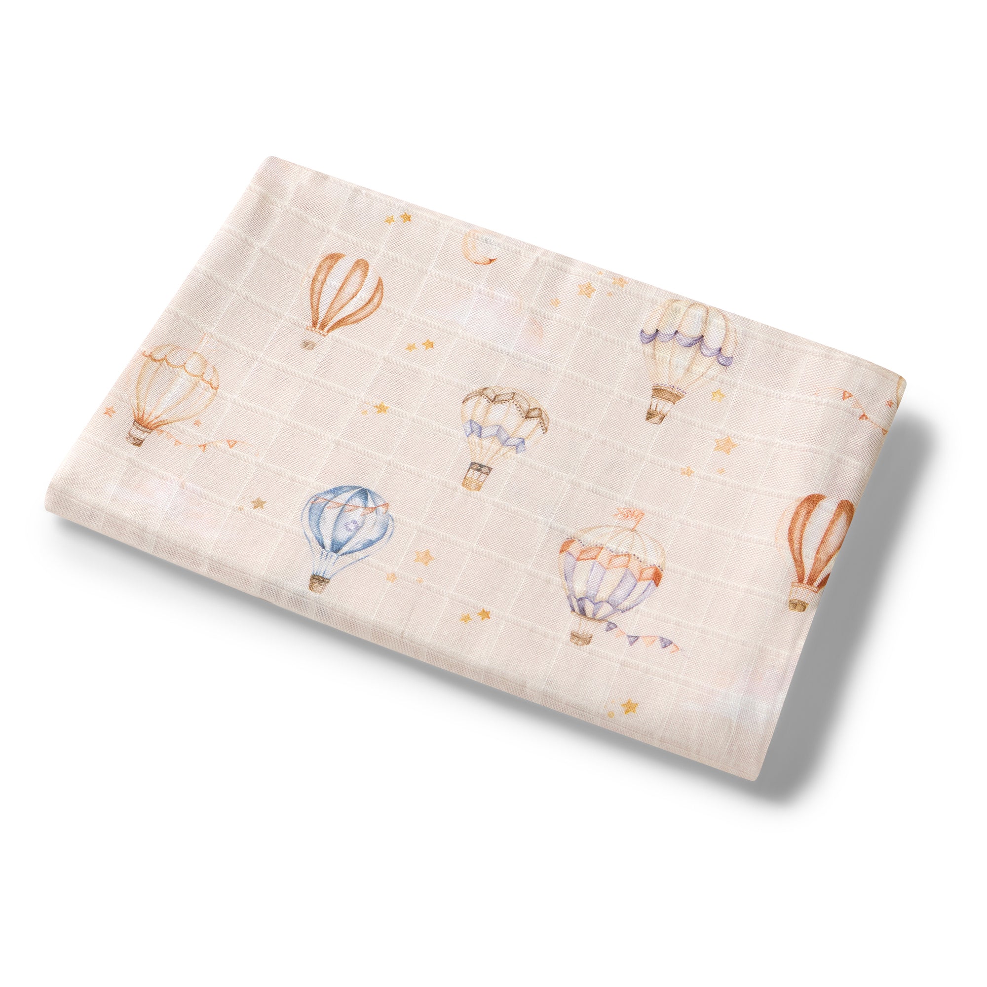 Soft Up & Away organic muslin wrap featuring a charming hot air balloon print, made from breathable organic cotton for swaddling, pram outings, feeding and everyday baby comfort.