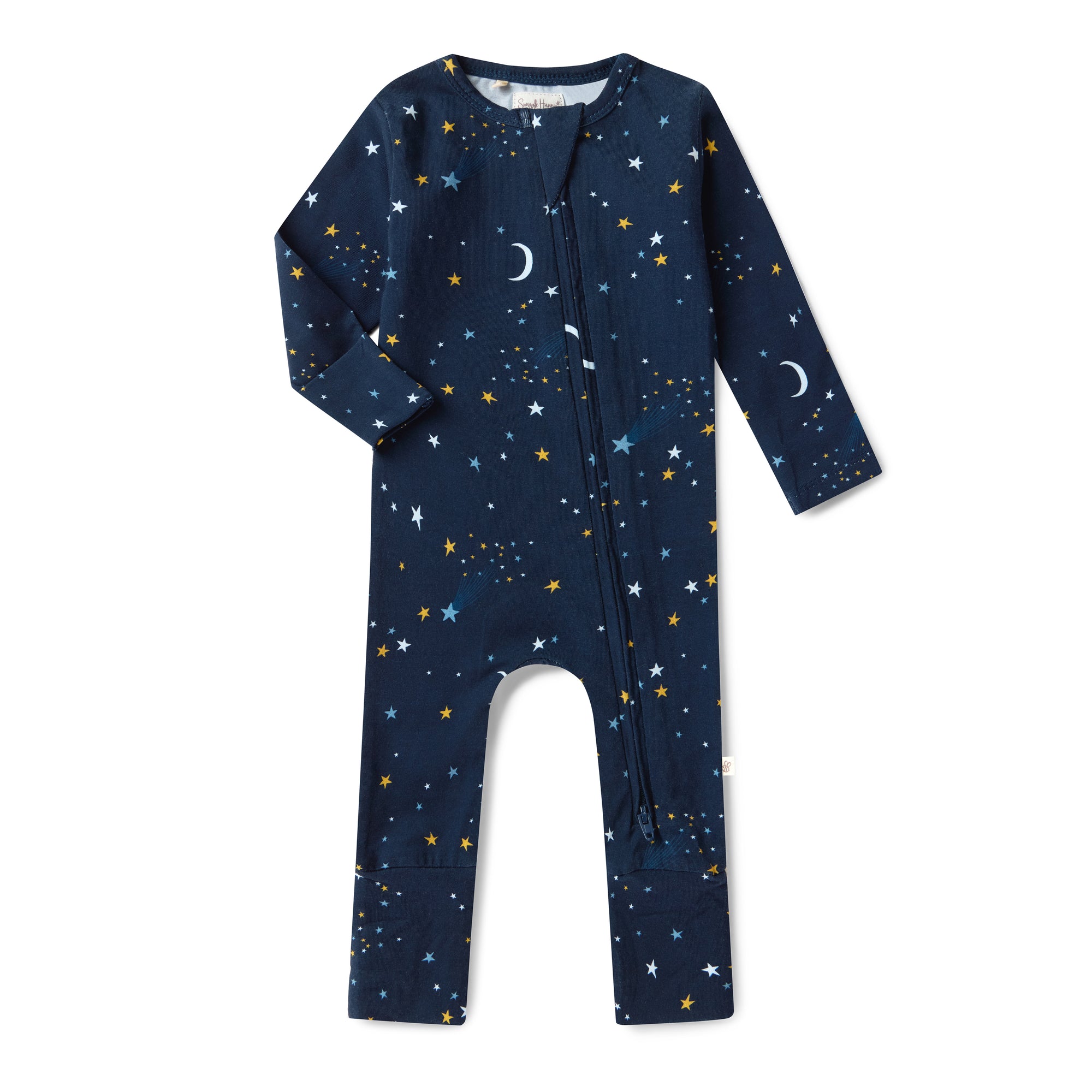 Baby wearing the Starry Night organic cotton convertible romper with fold-over feet and mittens, featuring a soft star print for comfortable day and night wear.