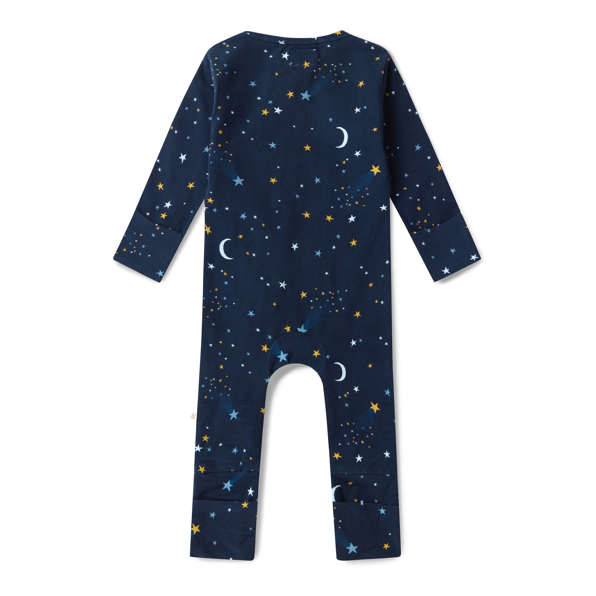 Baby wearing the Starry Night organic cotton convertible romper with fold-over feet and mittens, featuring a soft star print for comfortable day and night wear.