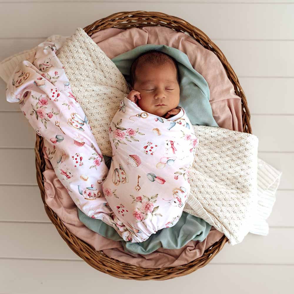 Alice’s Tea Party Organic Jersey Wrap & Topknot Set - BabyBoo Prints