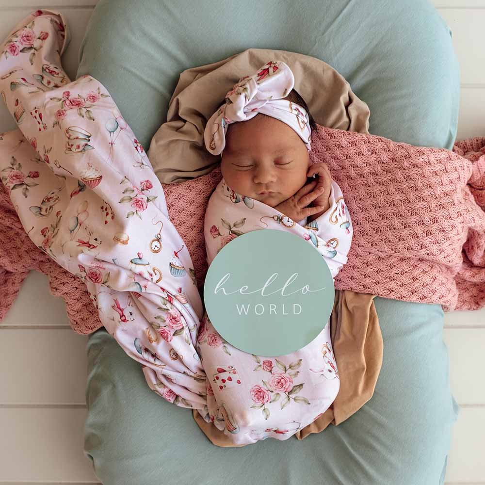 Alice’s Tea Party Organic Jersey Wrap & Topknot Set - BabyBoo Prints