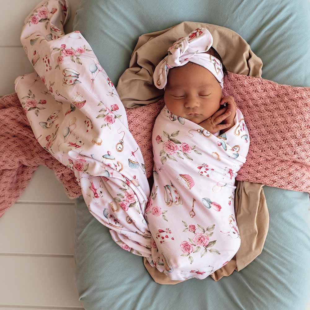 Alice’s Tea Party Organic Jersey Wrap & Topknot Set - BabyBoo Prints