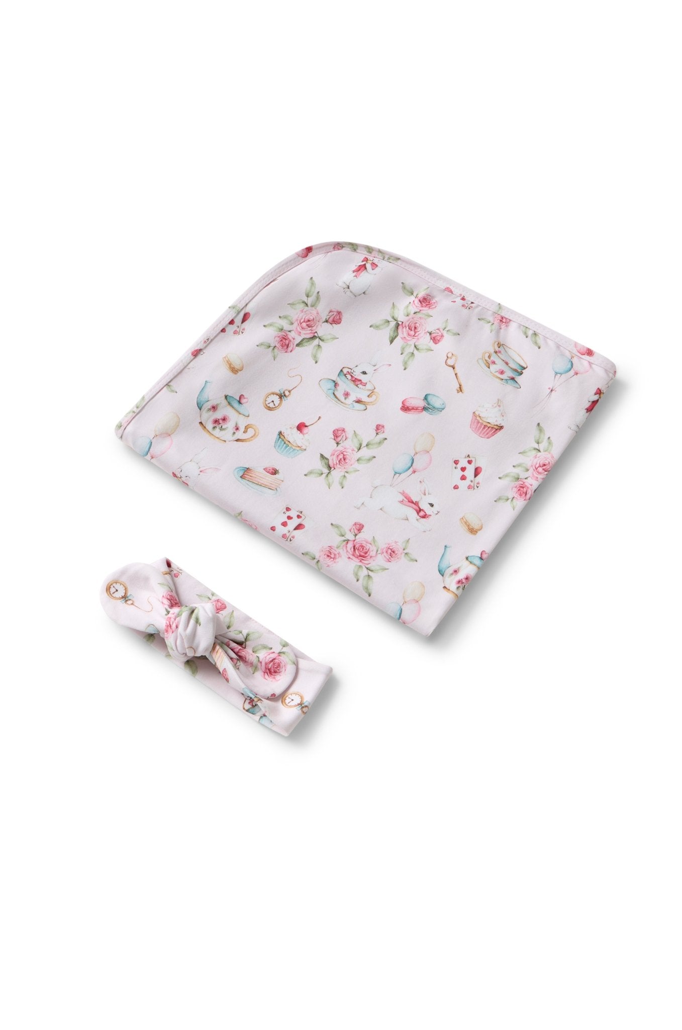 Alice’s Tea Party Organic Jersey Wrap & Topknot Set - BabyBoo Prints