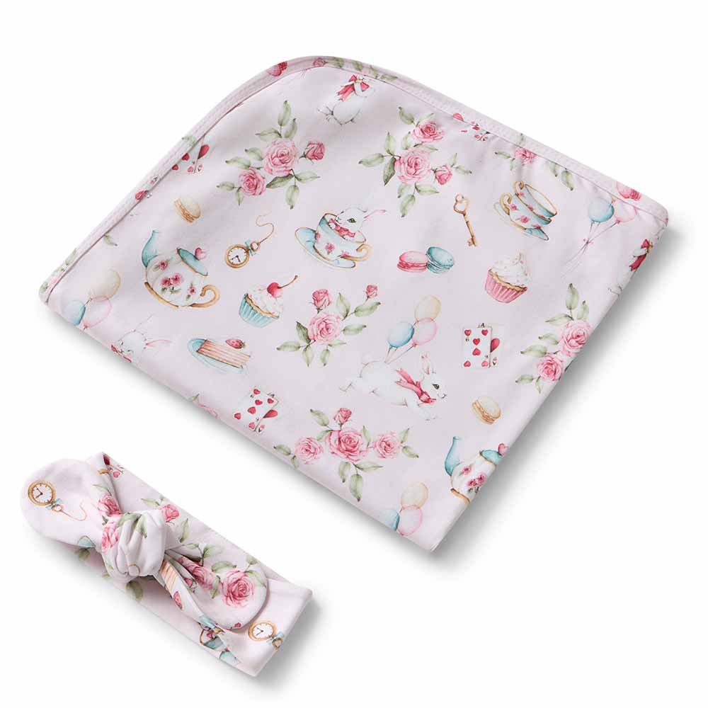 Alice’s Tea Party Organic Jersey Wrap & Topknot Set - BabyBoo Prints