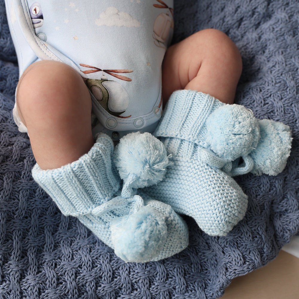 Baby Blue Organic Cotton Knit Booties - BabyBoo Prints