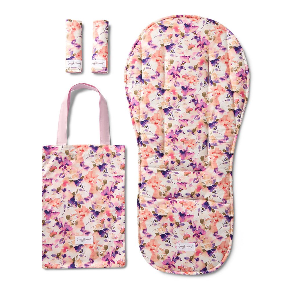 Blushing Beauty pram liner and strap cover set by BabyBoo Prints