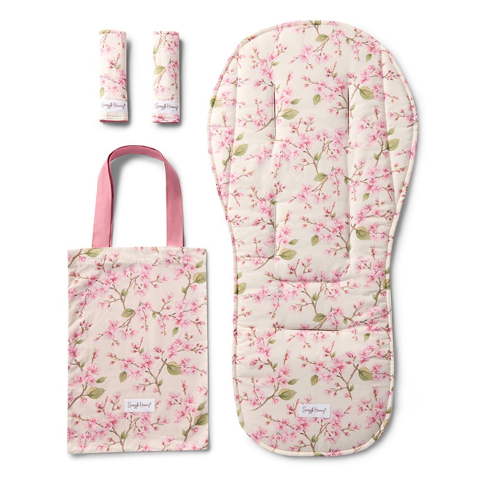 Cherry Blossom pram liner and strap cover set by BabyBoo Prints