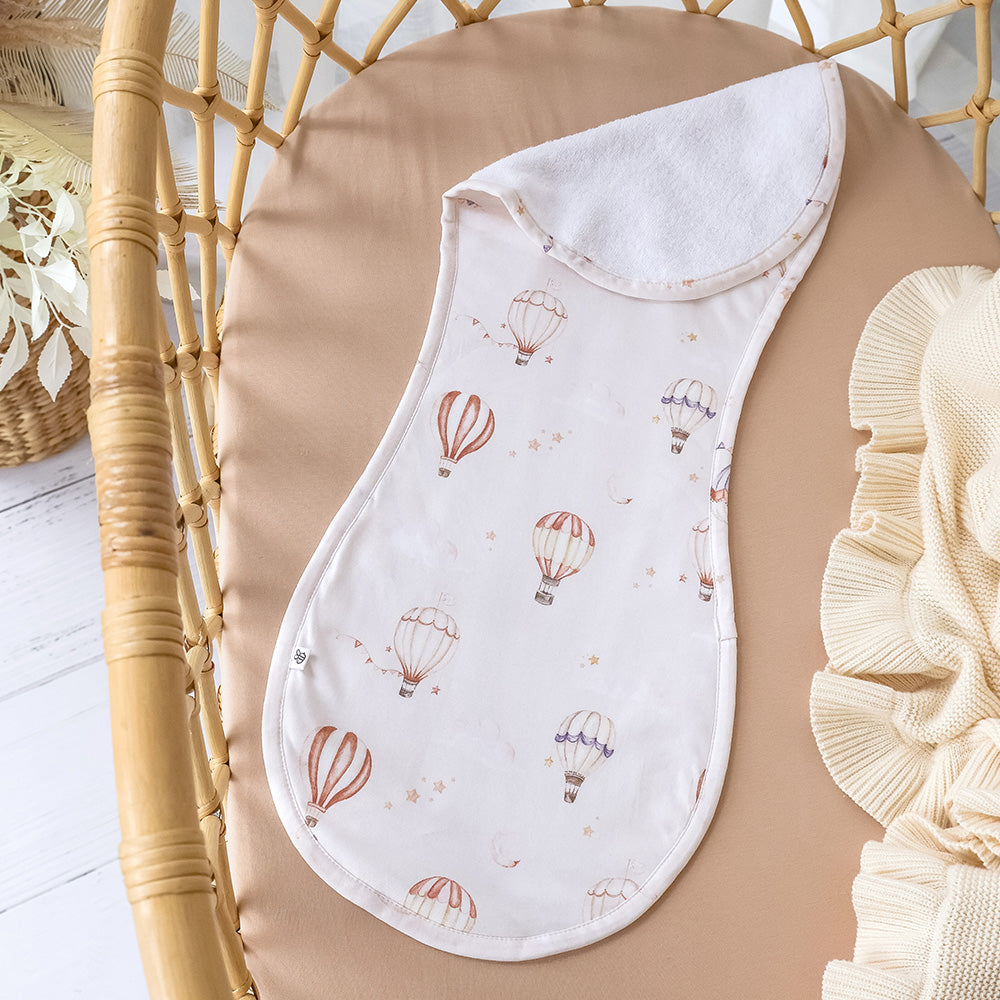 Soft Up & Away organic cotton burp cloth featuring a hot air balloon print, made from absorbent organic cotton to protect clothing during feeding and keep babies comfortable.
