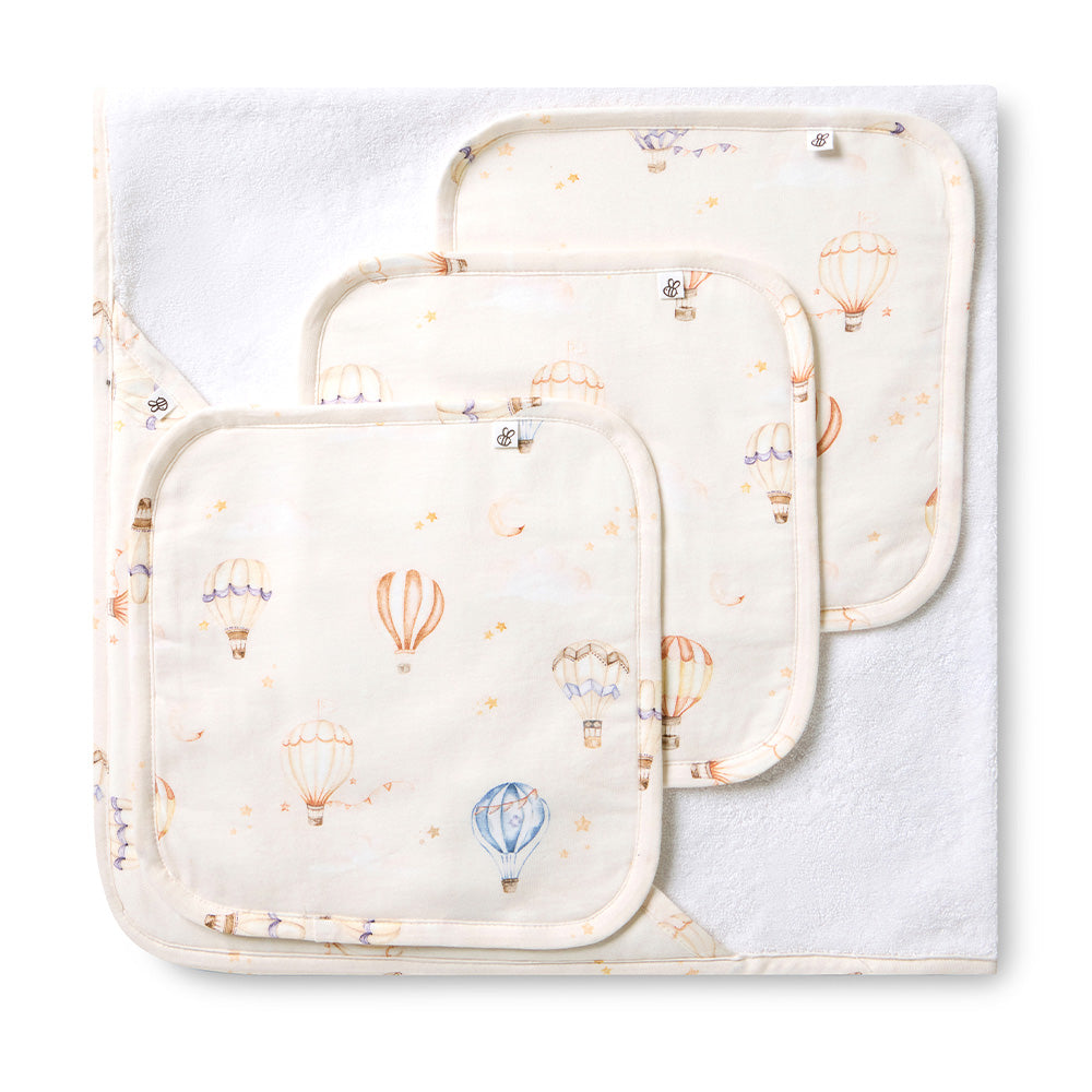 Soft Up & Away organic hooded baby towel made from absorbent organic cotton with a sweet hot air balloon print, perfect for newborn bath time and keeping babies warm after bathing.