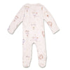 Baby wearing the Up & Away organic cotton zip footie with a hot air balloon print, featuring a two-way zip and enclosed feet for soft, comfortable day and night wear.