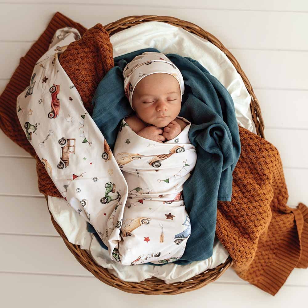 Vintage Cars Organic Jersey Wrap & Beanie Set - BabyBoo Prints