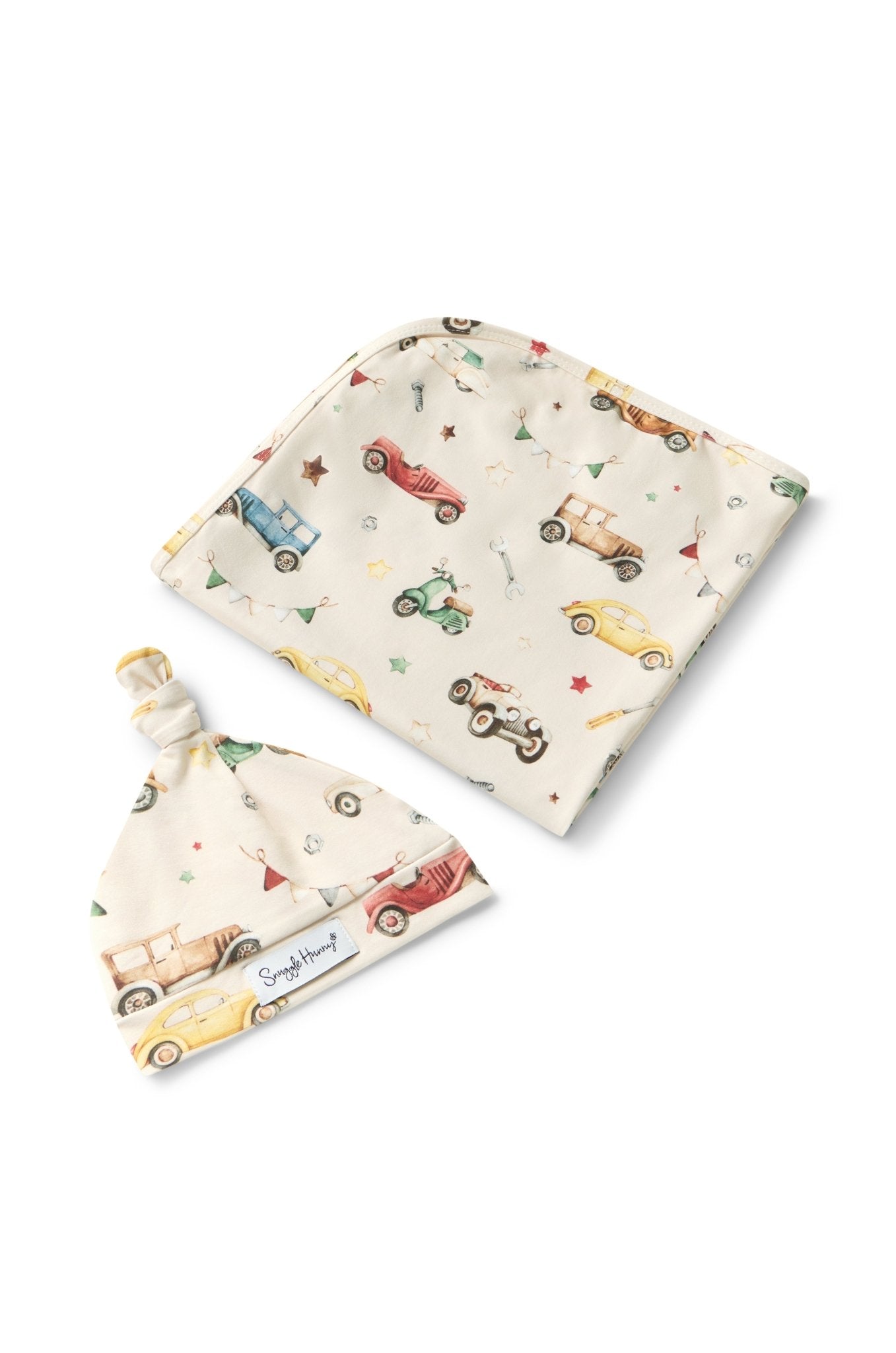 Vintage Cars Organic Jersey Wrap & Beanie Set - BabyBoo Prints