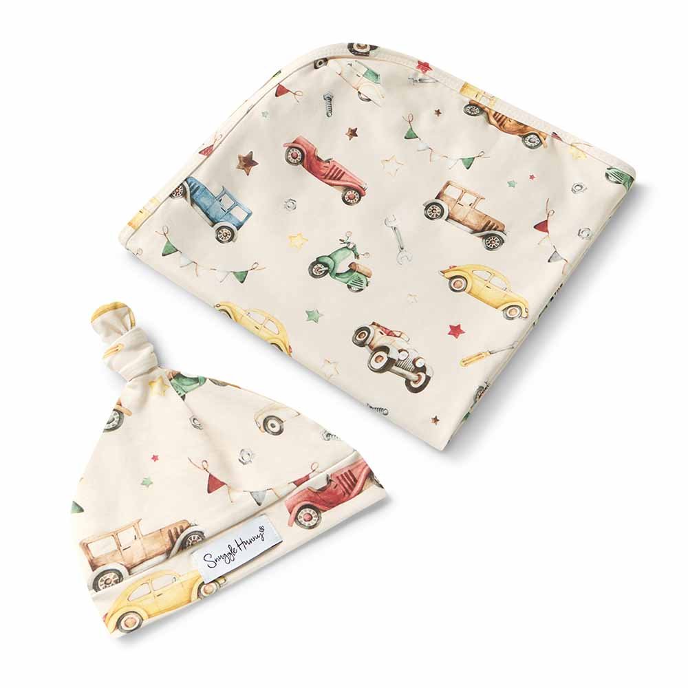 Vintage Cars Organic Jersey Wrap & Beanie Set - BabyBoo Prints