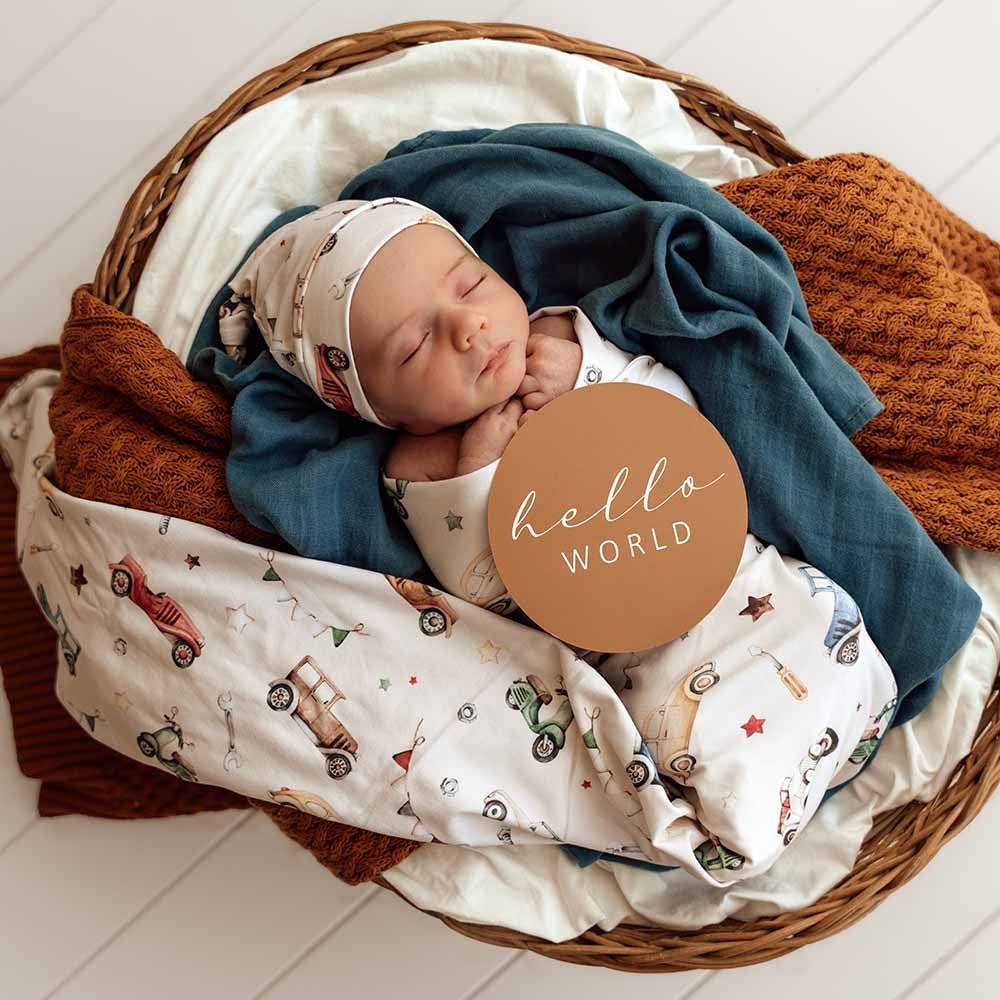 Vintage Cars Organic Jersey Wrap & Beanie Set - BabyBoo Prints