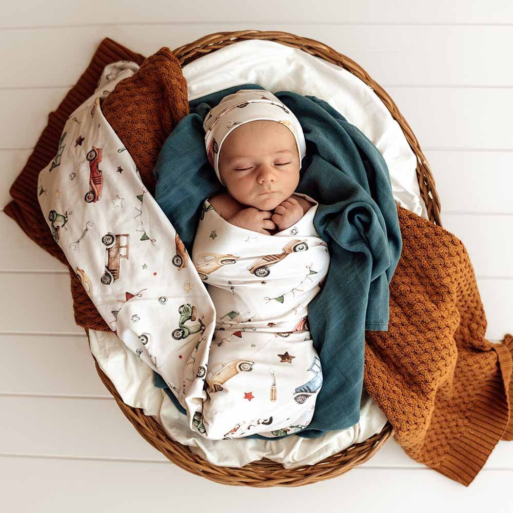 Vintage Cars Organic Jersey Wrap & Beanie Set - BabyBoo Prints
